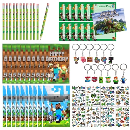 HYZMSZA Videospiel Party Mitgebsel, Pixel Party Mitgebsel Kinder mit Geschenktüten Einladungskarten Bleistift Schlüsselanhänger Tattoos Stickers für Kindergeburtstag Mitgebsel Deko von HYZMSZA