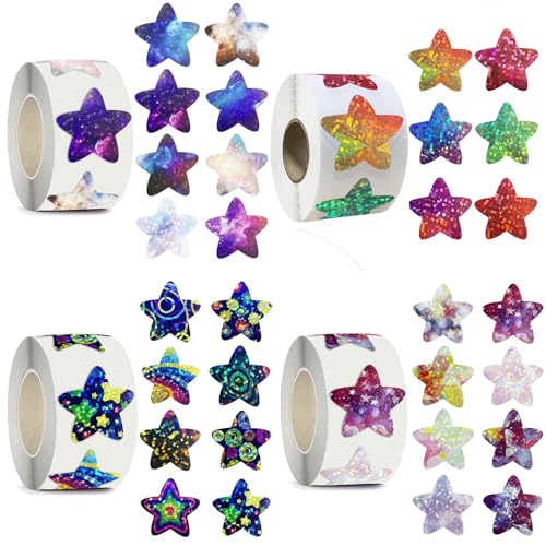 Sterne Sticker, Stern Sticker, Aufkleber Sterne, 4 Rollen mit 2000 Stück, Glitzer Aufkleber, Selbstklebende, Ideal für Basteln, Schule und DIY von HYZSHL