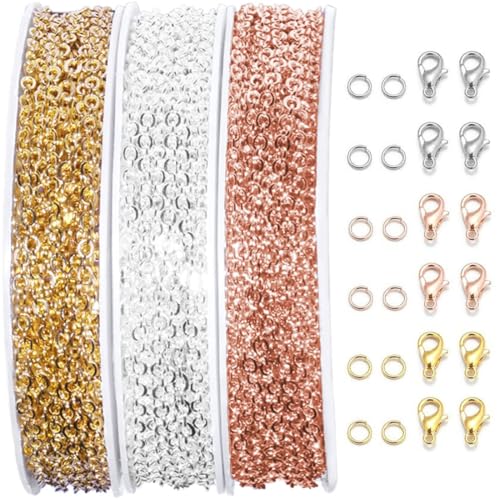 HZAOPZE 3 pcs 33 Füße Gliederkette Meterware, Ketten Basteln Gliederkette Edelstahl Kabel Kettenset mit 30 Karabinerverschluss und 150 Sprung Ringe, für DIY Halskette Basteln, ORO Plata y ORO rosa HZAOPZE 3 pcs 33 Füße Gliederkette Meterware, Ketten Basteln Gliederkette Edelstahl Kabel Kettenset mit 30 Karabinerverschluss und 150 Sprung Ringe, für DIY Halskette Basteln, ORO Plata y ORO rosa von HZAOPZE