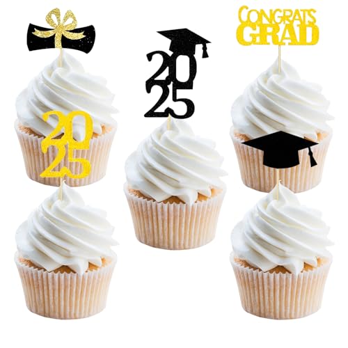 HZHSGLY 25 Stück Abschluss-Kuchenaufsätze 2025 Abschlussdekorationen, Cupcake-Topper für Abschlussfeiern, Themenparty-Zubehör HZHSGLY 25 Stück Abschluss-Kuchenaufsätze 2025 Abschlussdekorationen, Cupcake-Topper für Abschlussfeiern, Themenparty-Zubehör von HZHSGLY