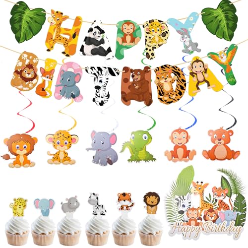 HZHSGLY 32 Stück Dschungel-Motto-Party-Dekorationen, Safari-Party-Dekorationen, Tier-Kuchenaufsätze, wilde Geburtstagsbanner für Jungen, Mädchen, Kinder von HZHSGLY