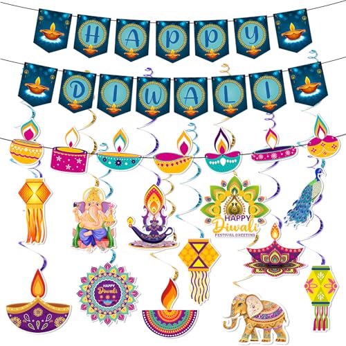 HZHSGLY Diwali Dekorationen, Blau Happy Diwali Banner Dekorationen für Haus Haus Hängende Wirbel Banner Lampstand Banner Indian Festival of Lights Party (Blau) von HZHSGLY