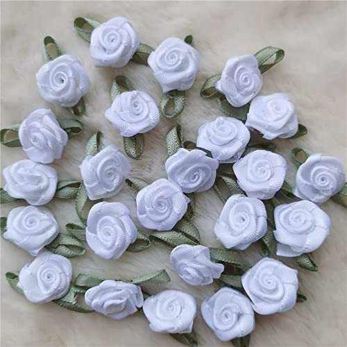 100 Teile/los Mini handgemachte Rose Blume Satinband Rosetten Stoffapplikationen geeignet for Hochzeitsdekoration Handwerk Nähzubehör (Color : White) von HZLXF1