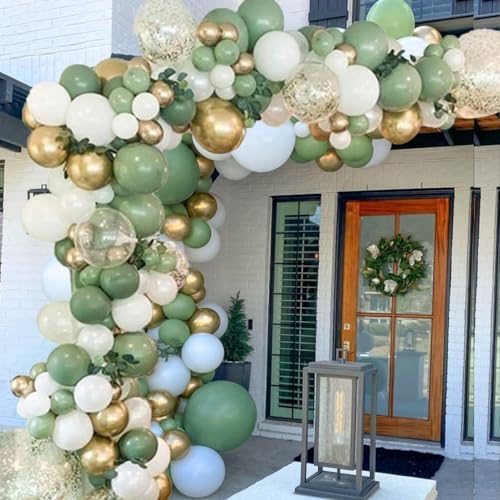 Luftballons Eukalyptus Grün Gold Weiß,152 Stück Retro Olive Salbei Grün Gold Weiß Helium Ballons Set,Sage Green Hochzeit Set für Geburtstag Baby Shower Jubiläum Party Dekoration von HaMoSena