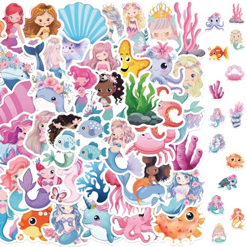 2 X 50 Stück Niedliche Meerjungfrau, Kawaii Meerjungfrau Set, Wasserfarben Aufkleber, Vinyl Wasserdicht Aesthetic Aufkleber für Wasserflaschen, Laptop, Skateboard, Gepäck von HaOrchid