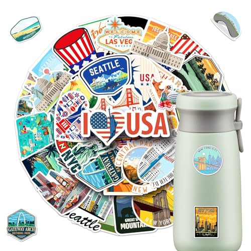 USA Sticker 2 X 50 Stück, Amerika Urlaub Reise Aufkleber, Wasserdichte Amerika Reise Aufkleber, Gouache Stil, USA Themen für Koffer Laptop Fahrrad Scrapbook Motorrad Skateboard Helm Auto USA Sticker 2 X 50 Stück, Amerika Urlaub Reise Aufkleber, Wasserdichte Amerika Reise Aufkleber, Gouache Stil, USA Themen für Koffer Laptop Fahrrad Scrapbook Motorrad Skateboard Helm Auto von HaOrchid