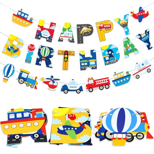 Transportation Geburtstag Party Dekorationen - Premium Transport Happy Birthday Banner und Girlande Set mit Polizeiauto, Krankenwagen, Feuerwehrauto, Züge, Flugzeug, Schiffe - Ideal für Kinderfeiern von HaPiBiDesign