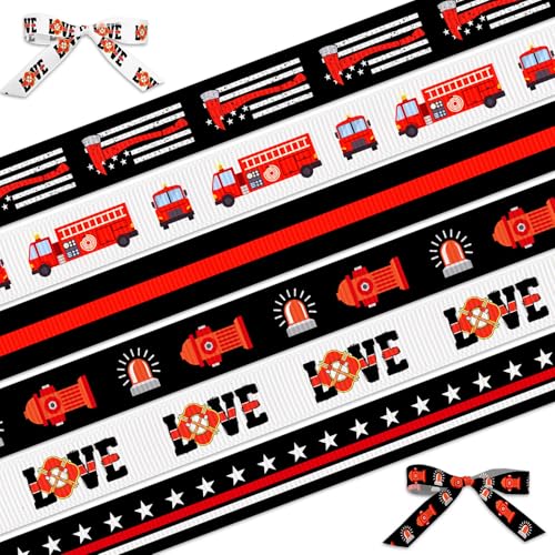 Habbiful 6 Rollen 18 Meter Feuerwehrmann-Themenband zum Verpacken von Geschenken, Basteln, Kranzschleifen, 0,95 cm dünne, patriotische Feuerwehrmann-Stützbänder, rot und schwarz, Ripsbänder für Habbiful 6 Rollen 18 Meter Feuerwehrmann-Themenband zum Verpacken von Geschenken, Basteln, Kranzschleifen, 0,95 cm dünne, patriotische Feuerwehrmann-Stützbänder, rot und schwarz, Ripsbänder für von Habbiful