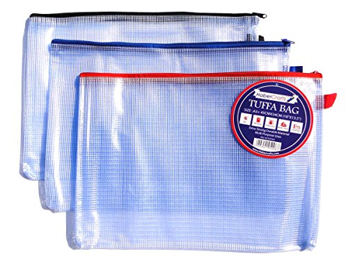 A3 Tuff Bag Zip Wallet Clear Plastic Wallets Zipped Pouch File Pencil Case Folder Water Resistant Reforced Heavy Duty Mesh Bags (Fits A3-3 Pack) von Habercrafts