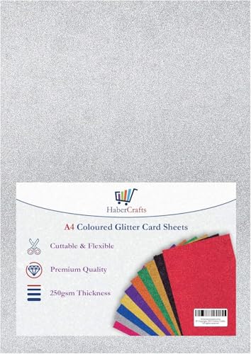 A4 Silber-Glitzer-Karton, Glitzerpapier, fusselfrei, glitzernd, Bastelpapier, 250 g/m², glitzernder Bastelkarton, säurefrei (Silber, 10 Blatt) von Habercrafts