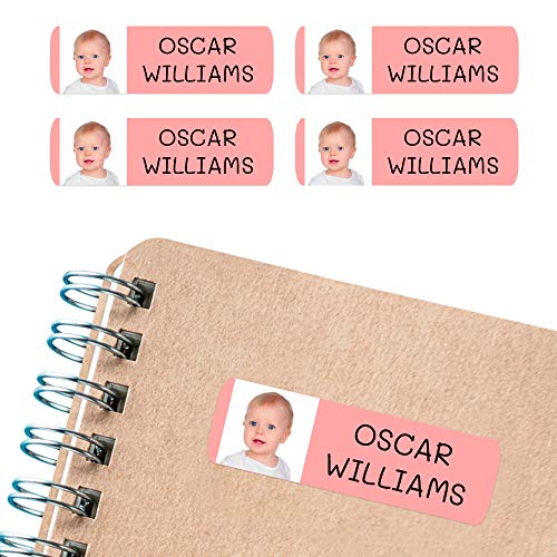 50 personalisierte Aufkleber, mit Foto oder Bild, 6 x 2 cm, zum Markieren von Gegenständen, Büchern, Brotdosen usw. Grundlegende rosa Farbe von Haberdashery Online