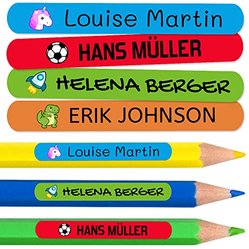 50 personalisierte Namensaufkleber zum Markieren von Bleistiften und Kugelschreibern. Bunte wasserfeste Vinyl-Klebeetiketten für Kinder und Jugendliche in Schule und Kindergarten. Größe 4,6 x 0,6 cm. von Haberdashery Online
