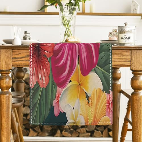 Habodd Tischläufer Modern Sommer Tropische Grünes Blätter Rot Blume Motiv Bunt Tischdekoration Abwaschba für Drinnen Draußen Urlaub Party Wohnzimmer Dekor 33 x 180 cm von Habodd