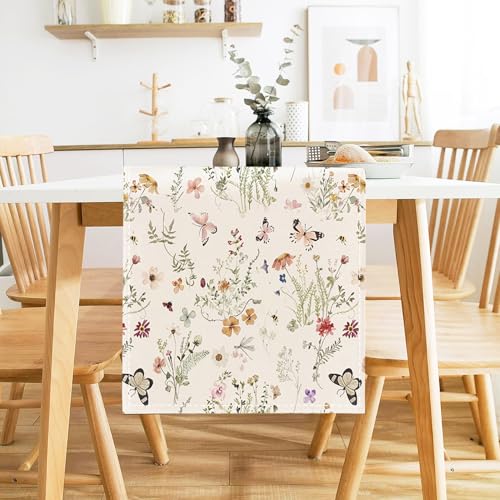 Habodd Outdoor Tischläufer Sommer Saisonnal Küche Esstisch Dekoration Blumen Blätter Schmetterling Motiv Waschbar Wohnkultur Tafeltuch für Hochzeit Jahrestag Urlaub Drinnen Party Dekor 33 x 180cm von Habodd