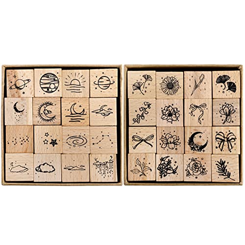 Hacaroa 32 Stücke Holz Gummi Stempel Set, Mond Stern Dekorative Holzstempel für Journal, Tagebuch, Scrapbook, Planer, Brief, DIY Handwerk, Kartenherstellung von Hacaroa