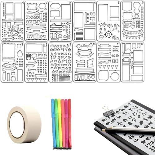 3er-Pack wiederverwendbare, handgefertigte, flexible Aufzeichnungsvorlagen, vielseitiges Zeichenvorlagen-Set, wiederverwendbares Planer-Schablonen-Set, für Punktraster-Journaling (12PCS) von Hadghdf