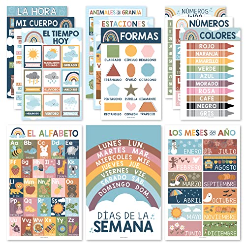 12 Boho-Spanisch-Poster für Klassenzimmer-Dekorationen für Vorschullehrer – Spanisch-Klassenzimmer-Poster, elementar, pädagogische Poster, zweisprachiges Lernen Spanisch für Kinder von Hadley Designs