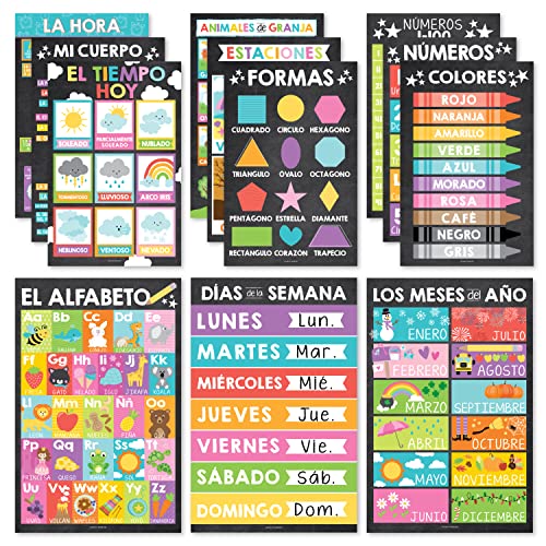 12 bunte Spanisch-Poster für Klassenzimmer-Dekorationen für Vorschullehrer – Spanisch-Klassenzimmer-Poster, elementar, pädagogische Poster, zweisprachiges Lernen Spanisch für Kinder von Hadley Designs