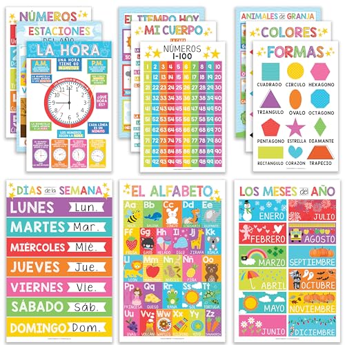 Hadley Designs 12 spanische Lernposter, zweisprachige Lerntabelle für Kinder, Kindergarten- und 1. Klasse, Klassenzimmer-Dekorationen, Alphabet, Farben, Zahlen, Monate des Jahres, Wochentage Hadley Designs 12 spanische Lernposter, zweisprachige Lerntabelle für Kinder, Kindergarten- und 1. Klasse, Klassenzimmer-Dekorationen, Alphabet, Farben, Zahlen, Monate des Jahres, Wochentage von Hadley Designs