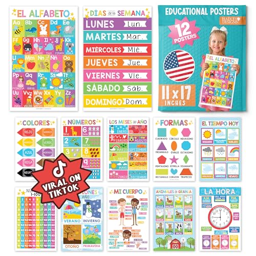 Hadley Designs 12 spanische Lernposter, zweisprachige Lerntabelle für Kinder, Kindergarten- und 1. Klasse, Klassenzimmer-Dekorationen, Alphabet, Farben, Zahlen, Monate des Jahres, Wochentage Hadley Designs 12 spanische Lernposter, zweisprachige Lerntabelle für Kinder, Kindergarten- und 1. Klasse, Klassenzimmer-Dekorationen, Alphabet, Farben, Zahlen, Monate des Jahres, Wochentage von Hadley Designs