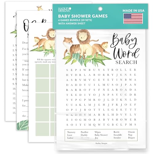 Hadley Designs 40 Safari-Baby-Shower-Spiele, geschlechtsneutrales Babyparty-Bingo-Spiel für Mädchen, Wer kennt Mama Beste Babyparty-Spiel, Baby Boy Baby Shower Wortsuchspiel, Babyparty Mad Libs Spiel von Hadley Designs