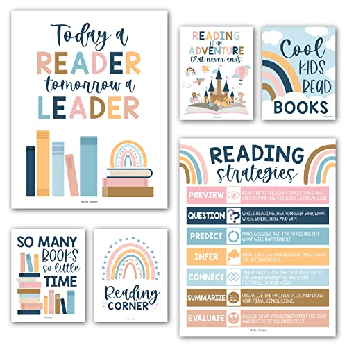 Hadley Designs 6 Boho-Lese-Poster für Klassenzimmer, Bibliotheks-Dekorationen für Schule, Lese-Pinnwand-Sets für Klassenzimmer, Leseeck-Dekoration für Klassenzimmer, Poster lesen von Hadley Designs