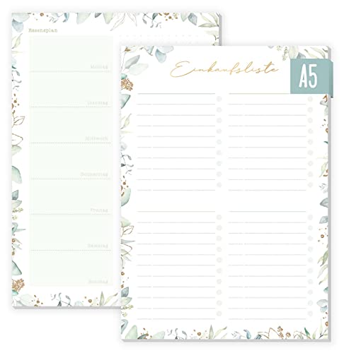 paper&you® Einkaufsliste Block A5 "Blattgold" 50 Blatt - Einkaufszettel Notizblock inkl. Essensplaner für die ganze Woche auf der Rückseite - nachhaltig & klimafreundlich von Häfft