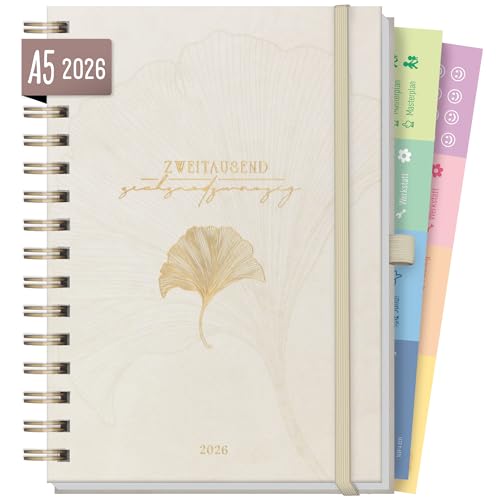 Häfft® Lieblings-Timer Deluxe Kalender 2026 A5 "Beige Ginkgo" Terminplaner mit Spiralbindung, Spiralkalender, Terminkalender, Wochenplaner, Ringbuch Planner - nachhaltig & klimafreundlich von Häfft