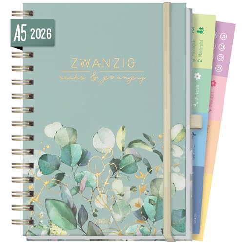 Häfft® Lieblings-Timer Deluxe Kalender 2026 A5 "Minty Leaves" Terminplaner mit Spiralbindung, Spiralkalender, Terminkalender, Wochenplaner, Ringbuch Planner - nachhaltig & klimafreundlich von Häfft