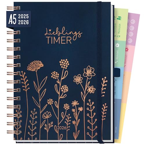 Häfft® Lieblings-Timer Deluxe Ringbuch Kalender 2025/2026 A5 "Fine Flowers blue" Wochenplaner 17 Monate: Aug. 25 bis Dez. 26 - Hardcover Terminkalender, Terminplaner - nachhaltig & klimafreundlich von Häfft