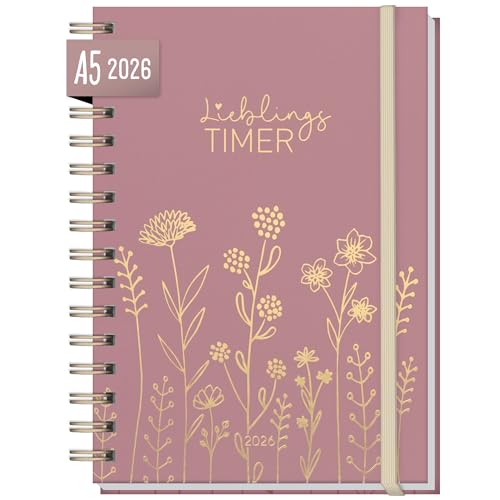 Häfft® Lieblings-Timer Kalender 2026 A5 "Fine Flowers rosé" Hardcover Terminplaner, Spiralkalender, Terminkalender, Wochenplaner, Ringbuch Planner - nachhaltig & klimafreundlich von Häfft