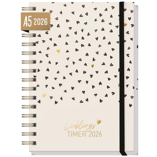 Häfft® Lieblings-Timer Kalender 2026 A5 "Golden Hearts" Hardcover Terminplaner, Spiralkalender, Terminkalender, Wochenplaner, Ringbuch Planner - nachhaltig & klimafreundlich von Häfft