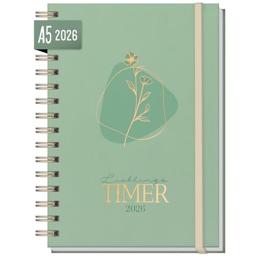 Häfft® Lieblings-Timer Kalender 2026 A5 "Green Flower" Hardcover Terminplaner, Spiralkalender, Terminkalender, Wochenplaner, Ringbuch Planner - nachhaltig & klimafreundlich von Häfft
