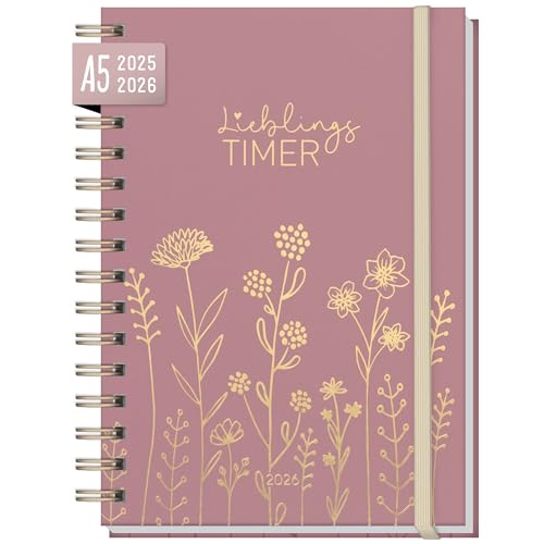Häfft® Lieblings-Timer Ringbuch Kalender 2025/2026 A5 "Fine Flowers rosé" Wochenplaner 17 Monate: Aug. 25 bis Dez. 26 - Hardcover Terminkalender, Terminplaner - nachhaltig & klimafreundlich von Häfft