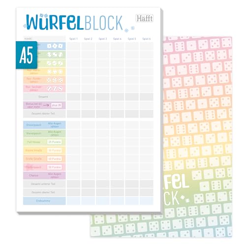 Häfft® Würfelspiel-Block A5 mit 50 Blatt, Spielblock Würfel für unterwegs oder zuhause "Rainbow" - nachhaltig & klimafreundlich von Häfft