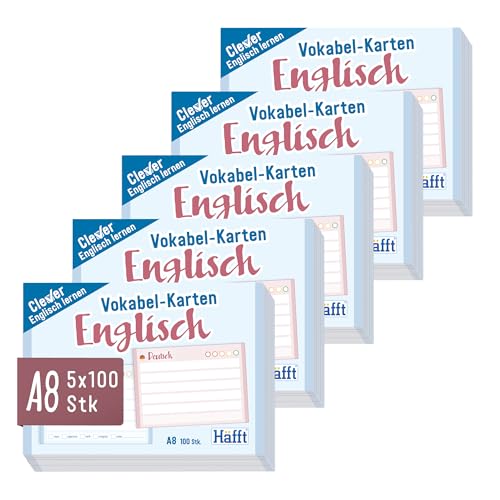 Häfft Vokabel-Karten A8 Englisch liniert, 500 Stück | 2 Seiten: Englisch/Deutsch | Ampel-Prinzip für das Langzeitgedächtnis | passend für gängige Lernboxen, handlich für unterwegs von Häfft