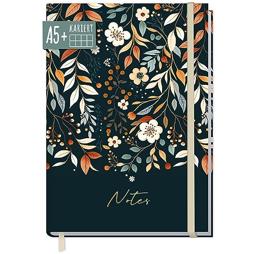 paper&you® Notizbuch A5+ kariert mit Gummiband "Pretty Flowers" 156 Seiten, 78 Blatt, als Bullet Journal, Tagebuch, Notizheft - nachhaltig & klimafreundlich von Häfft