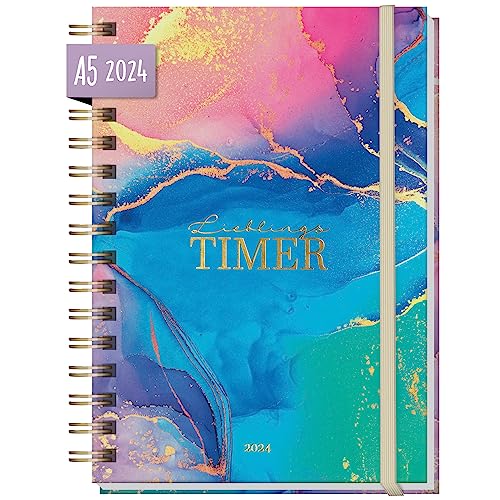 Kalender 2024 A5 "Lieblings-Timer" [Rainbow Marble] Terminplaner Ringbuch, Terminkalender, Spiralkalender, Wochenplaner, Planner | nachhaltig & klimaneutral von Häfft