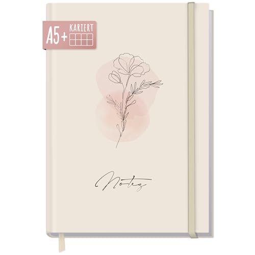 Notizbuch A5+ kariert mit Gummiband [Dainty Flower] von Trendstuff by Häfft | 156 Seiten, 78 Blatt | als Bullet Journal, Tagebuch, Notizheft | nachhaltig & klimaneutral von Häfft