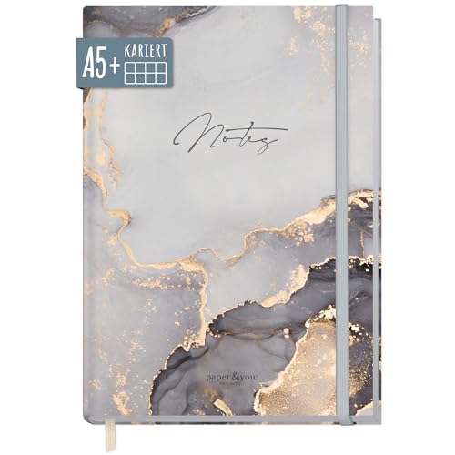 paper&you® Notizbuch A5+ kariert mit Gummiband "Grey Marble" 156 Seiten, 78 Blatt, als Bullet Journal, Tagebuch, Notizheft - nachhaltig & klimafreundlich von Häfft