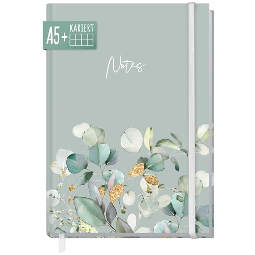 paper&you® Notizbuch A5+ kariert mit Gummiband "Minty Leaves" 156 Seiten, 78 Blatt, als Bullet Journal, Tagebuch, Notizheft - nachhaltig & klimafreundlich von Häfft