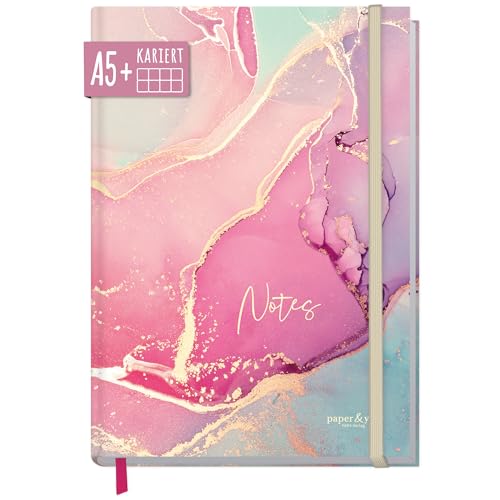 paper&you® Notizbuch A5+ kariert mit Gummiband [Silky Pink] 156 Seiten, 78 Blatt | als Bullet Journal, Tagebuch, Notizheft | nachhaltig & klimaneutral von Häfft