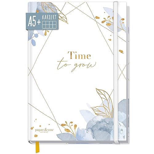paper&you® Notizbuch A5+ kariert mit Gummiband "Time to Grow" 156 Seiten, 78 Blatt, als Bullet Journal, Tagebuch, Notizheft - nachhaltig & klimafreundlich von Häfft