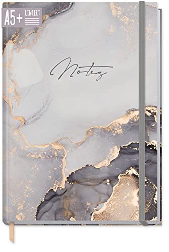 Notizbuch A5+ liniert mit Gummiband [Grey Marble] von Trendstuff by Häfft | 156 Seiten, 78 Blatt | als Bullet Journal, Tagebuch, Notizheft | nachhaltig & klimaneutral von Häfft