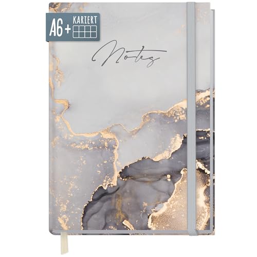 Notizbuch kariert A6+ mit Gummiband [Grey Marble] mit 156 Seiten, 78 Blatt | Notizheft, Bullet Journal, Tagebuch von Trendstuff by Häfft | nachhaltig & klimaneutral von Häfft