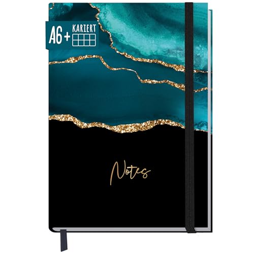 paper&you® Notizbuch kariert A6+ mit Gummiband "Shiny Teal" mit 156 Seiten, 78 Blatt - Notizheft, Journal, Tagebuch - nachhaltig & klimafreundlich von Häfft