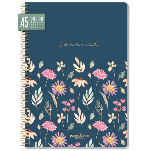 paper&you® Bullet Journal dotted A5 mit Spiralbindung [Flying Flowers] 160 Seiten | Notizbuch gepunktet mit Spirale, College-Block, Sprial-Block, Notizblock | nachhaltig & klimaneutral von Häfft