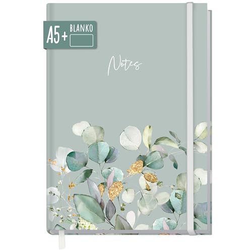 paper&you® Notizbuch A5+ blanko mit Gummiband "Minty Leaves" 156 Seiten, 78 Blatt - als Bullet Journal Skizzenheft Skizzenbuch Tagebuch Notizheft - nachhaltig & klimafreundlich von Häfft