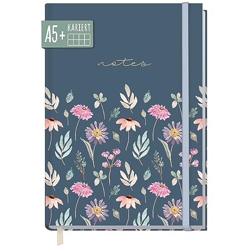 paper&you® Notizbuch A5+ kariert mit Gummiband [Flying Flowers] 156 Seiten, 78 Blatt | als Bullet Journal, Tagebuch, Notizheft | nachhaltig & klimaneutral von Häfft