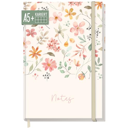 paper&you® Notizbuch A5+ kariert mit Gummiband "Wild Blossoms" 156 Seiten, 78 Blatt, als Bullet Journal, Tagebuch, Notizheft - nachhaltig & klimafreundlich von Häfft
